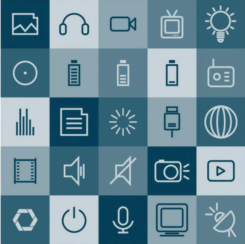 collage of pictures: headphones, lightbulb, TV, power symbol, play symbol